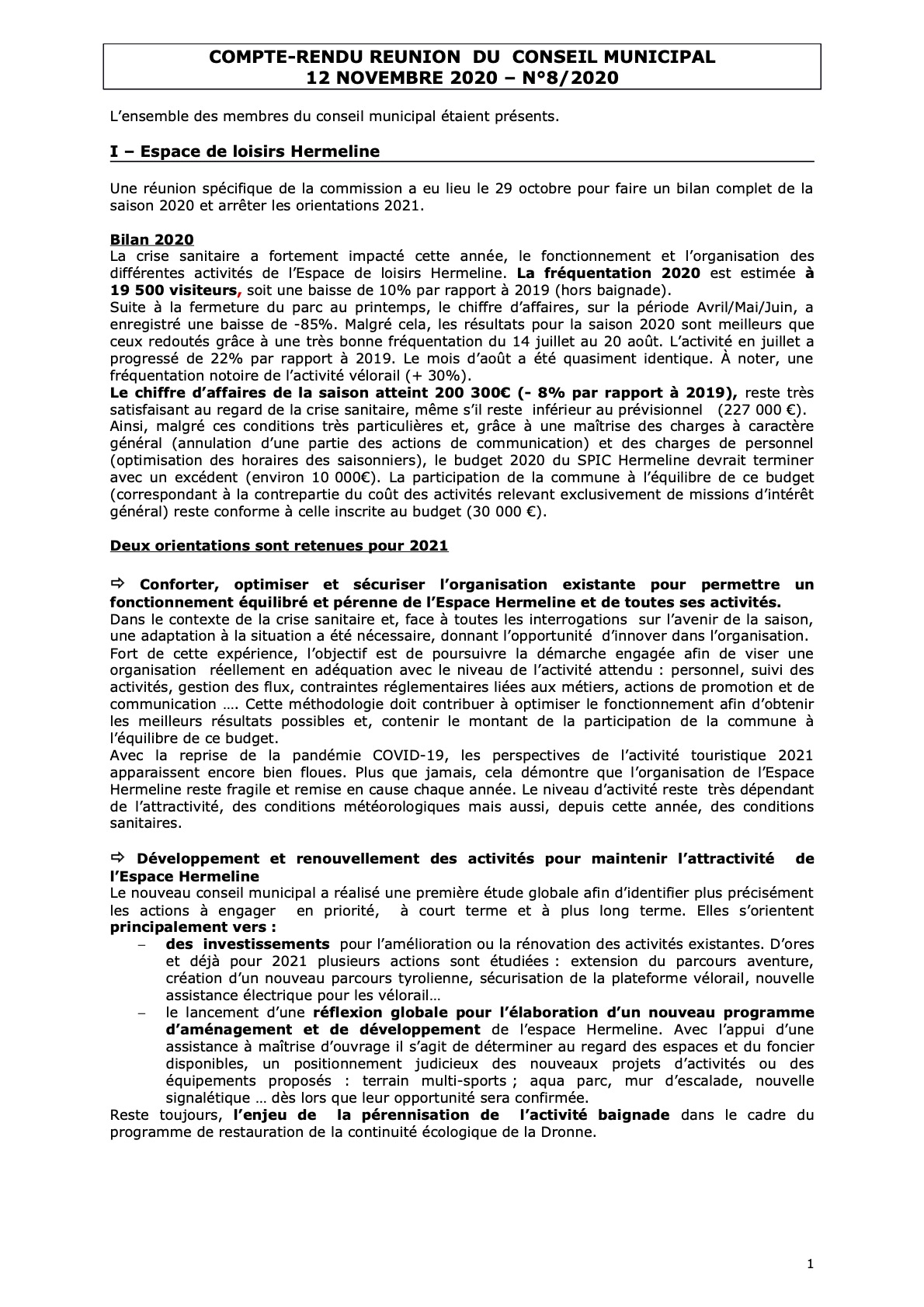 Compte rendu du conseil municipal du 12 Novembre 2020