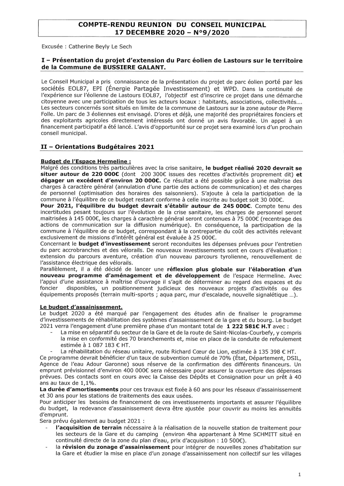Compte rendu du conseil municipal du 17 Décembre 2020