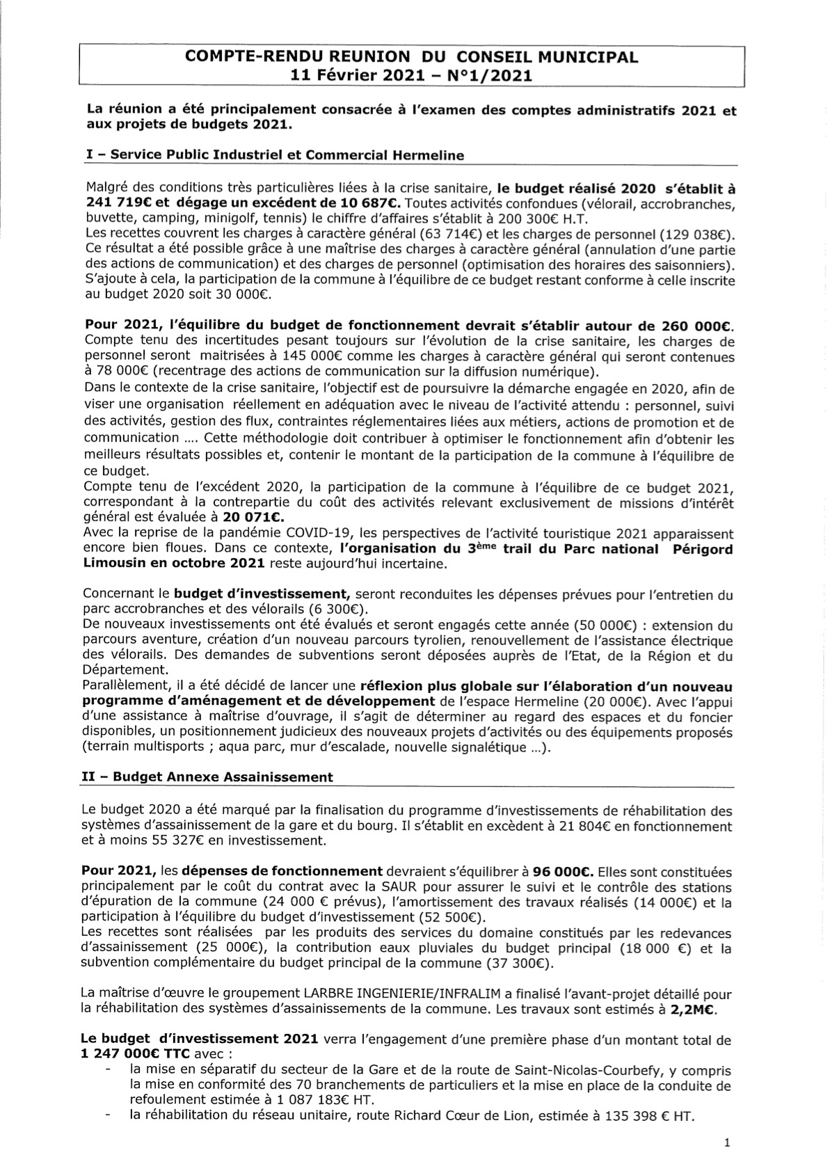 N°1 - Cpte rendu Conseil Municipal 11 février 2021