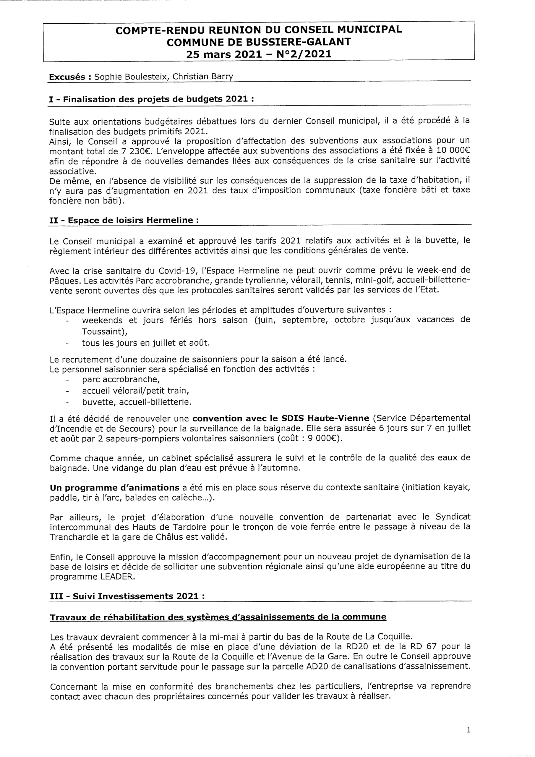 Compte rendu du conseil municipal du 25 Mars 2021