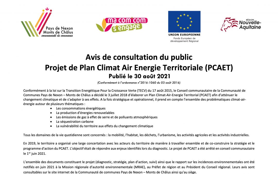 Avis de consultation de Public Projet de Plan Climat Air Energie Territoriale (PCAET)