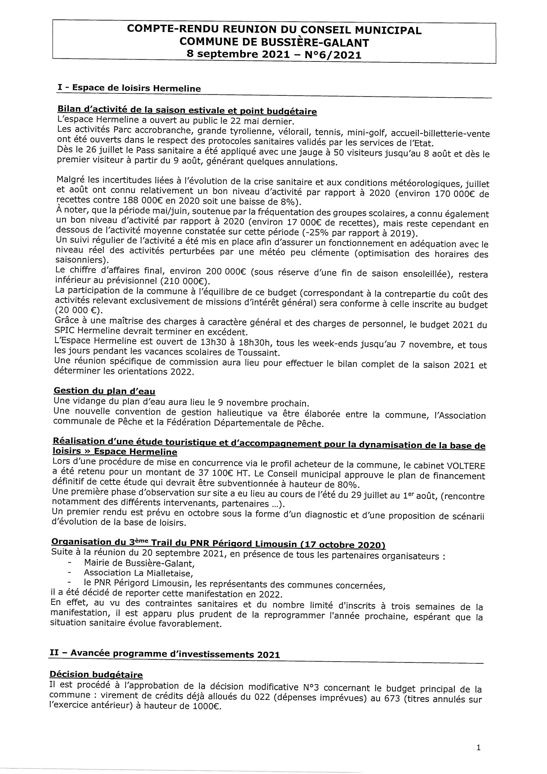 Compte rendu du conseil municipal du 8 Septembre 2021