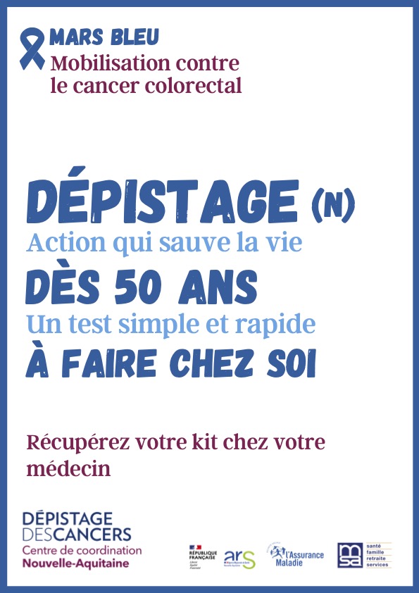 Mois de sensibilisation au dépistage du cancer colorectal MARS BLEU