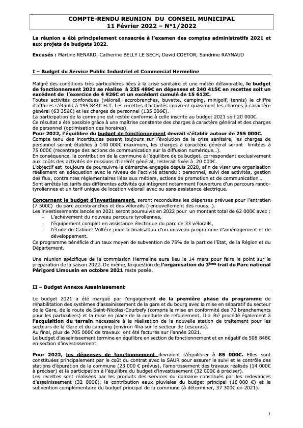 Compte rendu du conseil municipal du 11 Février 2022
