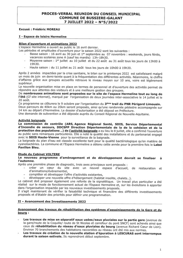 PROCES VERBAL REUNION DU CONSEIL MUNICIPAL COMMUNE DE BUSSIERE-GALANT 7 JUILLET 2022 – N°5/2022