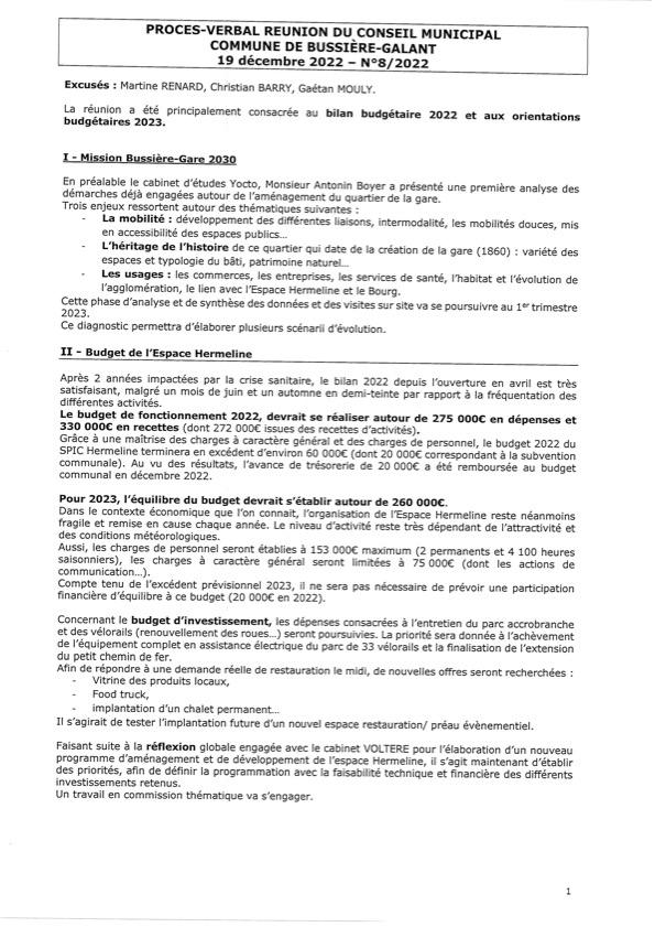 PROCES VERBAL REUNION DU CONSEIL MUNICIPAL COMMUNE DE BUSSIERE-GALANT 19 DECEMBRE 2022 – N°8/2022