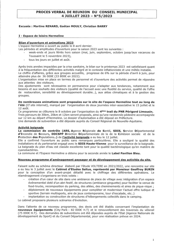 PROCES VERBAL REUNION DU CONSEIL MUNICIPAL COMMUNE DE BUSSIERE-GALANT DU 4 JUILLET 2023 – N°5/2023