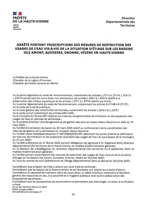Sécheresse – Arrêté préfectoral du 26 juillet 2023 – communes bassins Isle amont Auvezere Dronne Vezere